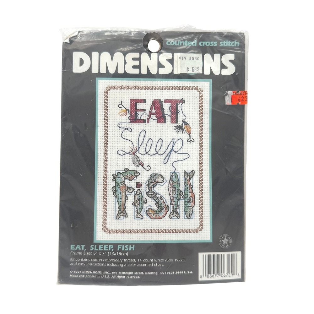 Vintage 1997 Dimensions Eat Sleep Fish Cross Stitch Kit 6729 Fishing 5x7